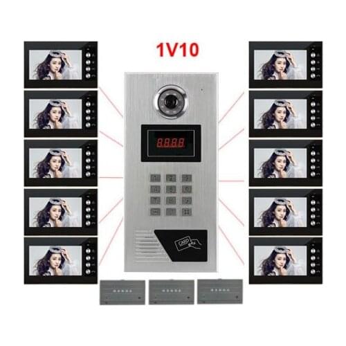 Home security Building Video Intercom System 10-Apartments 7" LCD Video Door Phone FRID Panel CCD Outdoor Camera Video Doorbell