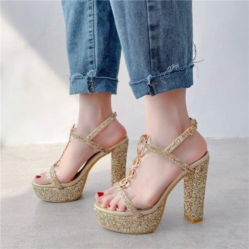 YMECHIC Bling Gold Silver Luxury Sandals Wedding Party Bride Ladies Summer Glitter Shoes Block High Heel Platform Sandal Heels