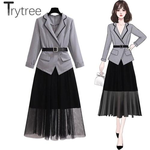 Trytree 2020 Autumn Casual Women Dress Notched Lapel Suit Patchwork Black Mesh A-line Office Lady Belt Elegant Mid-Calf Dress