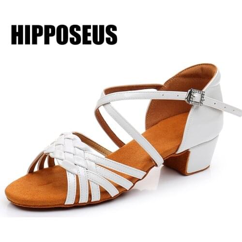 Hipposeus Dance-Shoes Latin Women Ballroom Girls Salsa Dance Shoes Female Satin Soft Sole Tango Modern Dancing Shoes Suqare Heel