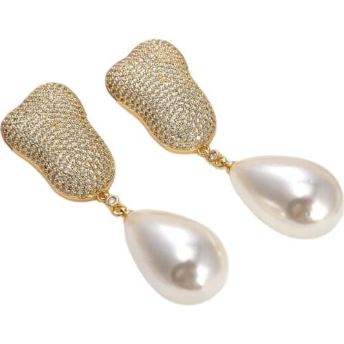 JK White Shell Pearl Yellow Gold Plated Cz Micro Pave Drop Earrings