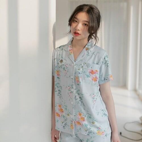 Women Summer Satin Pajamas Short Sleeve Shorts Sleepwear Thin Loose Fitting Home Suit Viscose Print Two Piece Set Lounge Wear
