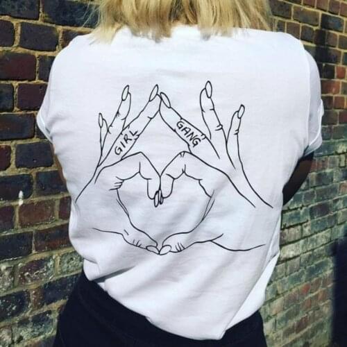 Girl Gang Love Hand Sign Back Printed Feminism t shirt Women Tumblr Fashion Summer Tops Tee Casual Cotton O Neck Cool T shirts