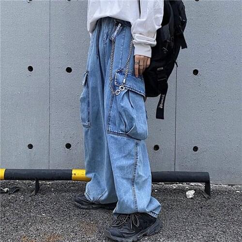 2020 New Spring Autumn Casual Big pocket Jeans Woman Long Trousers Cowboy Female Loose Streetwear High Waist Wide Leg Pants K802