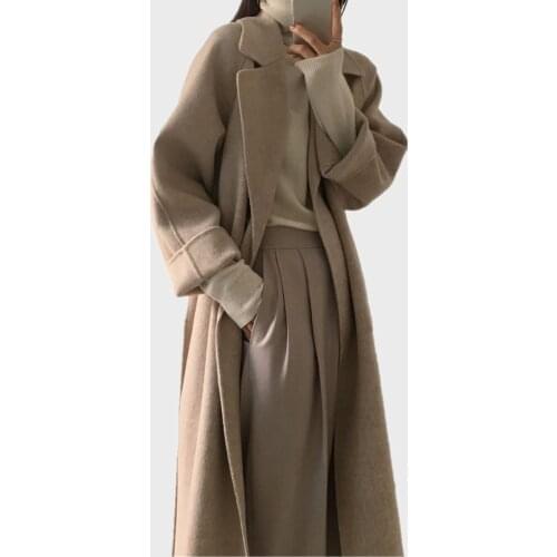 Womens Jackets Coats Spring Autumn Wool & Blends Coat Overcoat Turn-down Collar Solid Color Pockets Woolen Coat With Belt
