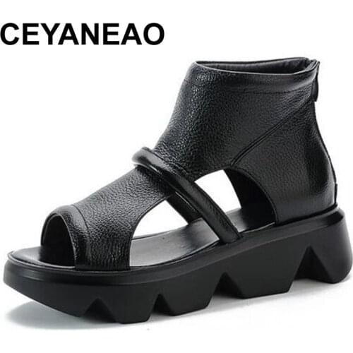 CEYANEAOSpring Summer 2021 Fashion 5.5CM Flat Platform Sandals Women Shoes Genuine Leather Hollow Peep Toe Female Sandals Zip