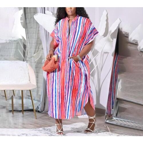 L-4XL Plus Size Striped Dress Summer Beach Blouse Leisure Vacation Loose Robe Women Leopard Print Short Sleeve Shirts Dress
