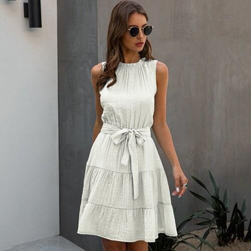 2021 Summer New Women O-Neck Solid Sleeveless Sashes Midi Dress Sexy Fashion Casual Loose Draped Elegant White Princess Dresses