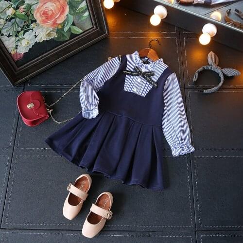 2017 Autumn New Princess Girl Stripe Dress Baby Girl Stripe Patchwork Dress Preppy Style Pleated Dresses Fake Two Pieces Clothes