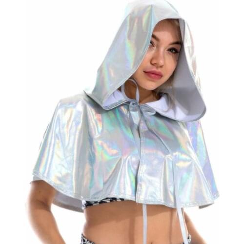 Shiny PU Leather Holographic Cape Unisex Cosplay Metallic Death Cape Short Hooded Rave Festival Cloak Hat Halloween Costume