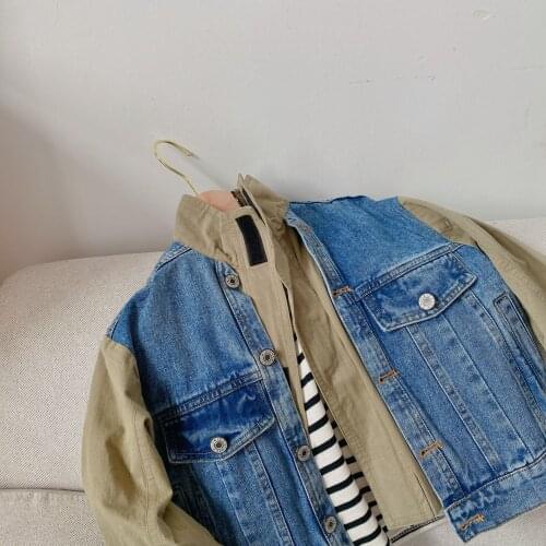 Kids Jackets 2021 New Autumn Baby Boy Denim Stiching Jacket Fashion Fake Two Coats for Boys Childrens Outerwear Baby Clothing