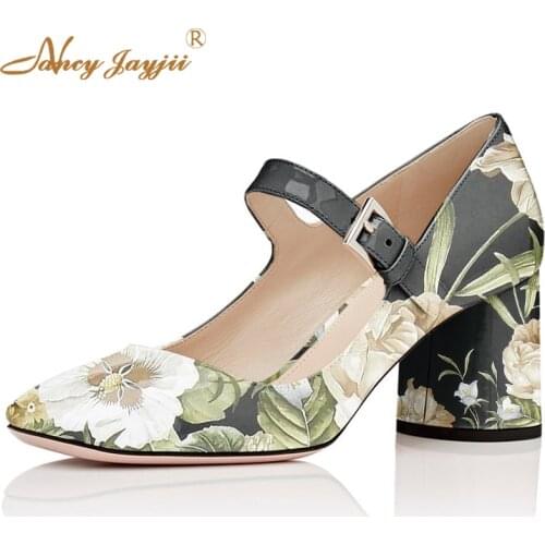 Elegant Mary Jane Summer Womens Flower Print Pumps Ladies High Square Heels 60mm Wedding Leather Shoes Size 33 Nancyjayjii