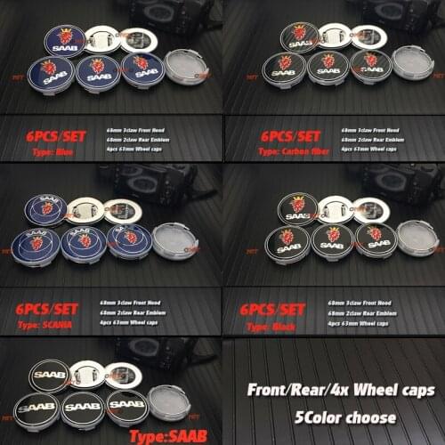 6pcs saab Car emblem car styling Badge stickers 60mm 62mm wheel center caps 68mm front hood bonnet for 03-10 Saab 9-3 9-5 93 95