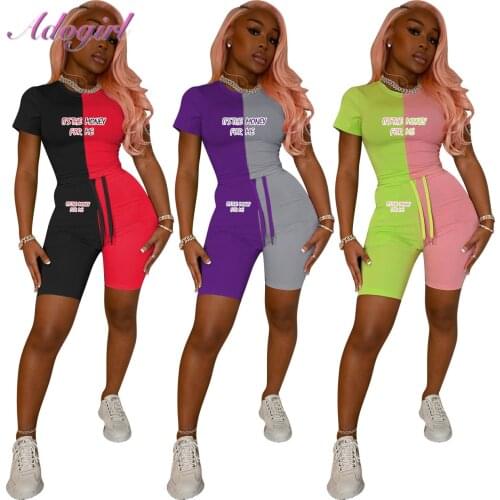 Fitness Summer Activewear Two Piece Set Women Casual Color Patchwork Short Sleeve Crop Tops Biker Shorts Pants Outfit Tracksuit