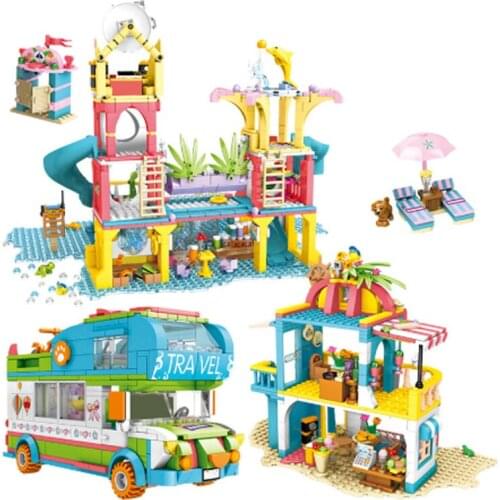 City Heart Lake Beach Hut Water Park Slide Building Blocks Friends House Car Girl RV Villa Castle Bricks Toys For Girls Children