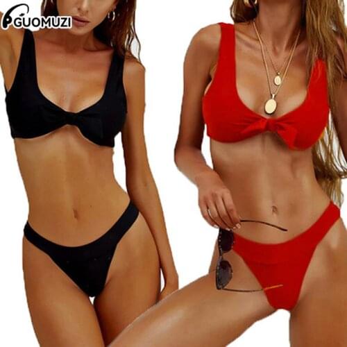 Sexy Top Neck Sleeveless Bikini Set Women Solid High Cut Bathing Suit Swimwear Summer Beach Wear Female Low Waist Red Swimsuit