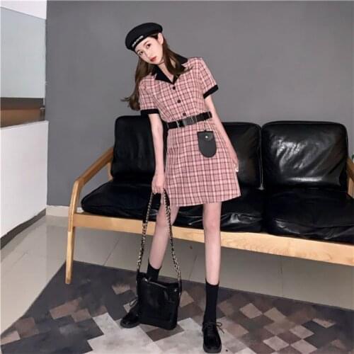 Summer New Vintage Dresses England Style Contrast Color Lapel Checkered Short Sleeve Female Dress Notched Collar Single Breasted