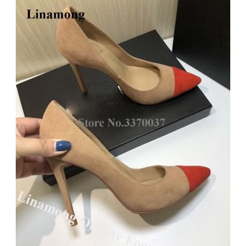 Linamong Suede Leather Pointed Toe Patchwork Stiletto Heel Pumps Slip-on Mixed-colors High Heels Formal Dress Shoes wedding Shoe