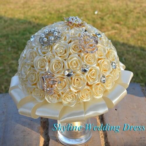 Real Photos Stunning Wedding flowers Beige Bridesmaid Bridal Bouquets artificial Crystal Rose Crown Wedding Bouquet