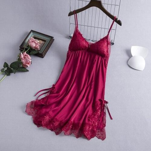 Fdfklak Summer Spaghetti Strap Nightgown M-XXL Big Size Sexy Underwear Pink/Wine Red Lace Night Dress Sleepwear Women Nighty
