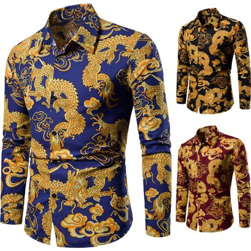 2020 New Mens Long-sleeved Shirt Fashion Mens Casual Retro Printed Shirts Oversized M-4XL