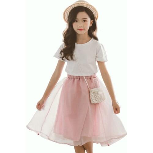 Teenage Clothes Solid White Tshirt & Skirt 2 Pcs Girls Clothes Mesh Skirt Girls Clothing Sets Summer Princess Suit For Girls