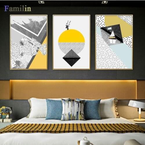 Deer Sea Starry Wall Art Canvas Painting Yellow Geometric Nordic Posters And Prints Abstract Wall Pictures For Living Room Decor