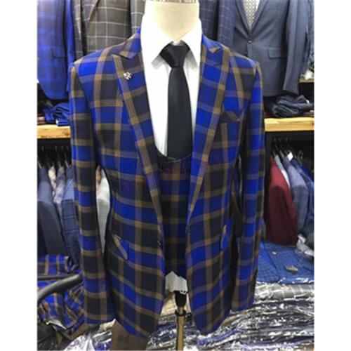 Autumn Men Suit 3Pcs Royal Blue Plaid Blazer Fashion Slim Fit Groom Wedding Tuxedo Dress Jacket Pants Double Breasted Vest Set