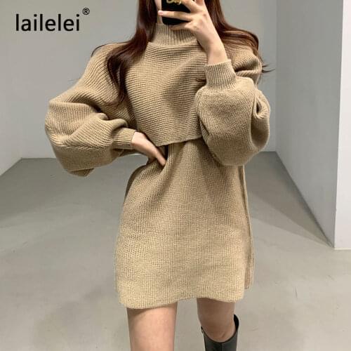 2 piece turtleneck sweater dress long bat sleeve top pullover knit suit mini tank top dress casual Harajuku