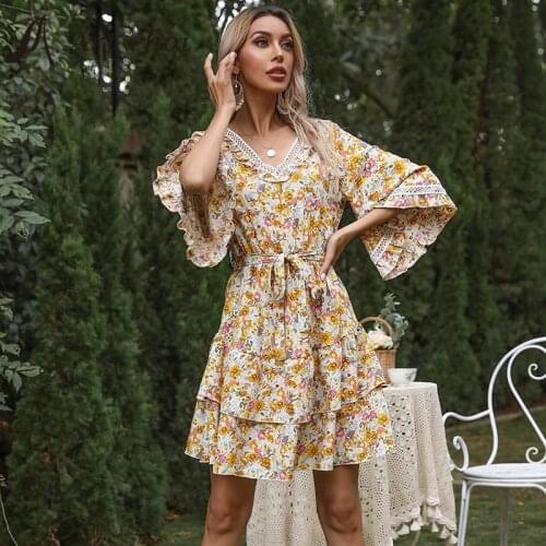 Summer Beach Casual Floral Print Dress Ruffled Skirt Elegant Women V-Neck Bodycon Lace Vestido Half Flare Sleeve Party Dresses