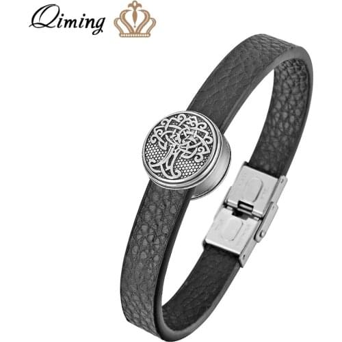 QIMING Peace Tree Of Life Viking Symbol DIY Bracelet For Men Women Paracord PU Leather Bangle Punk Bracelets