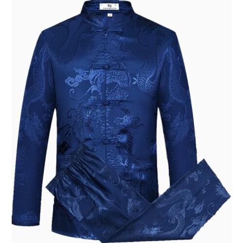 Blue Chinese Traditiona Mens Tang Suit Sets Long Sleeve Long Pants Dragon Kung Fu Suit High Quality Silk Wu Shu Tai Chi Sets