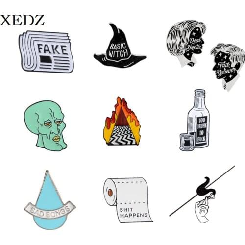 Wine bottle coffee cup bone human head flame axe paper cigarette light bulb cartoon animal witch panties mermaid metal pins