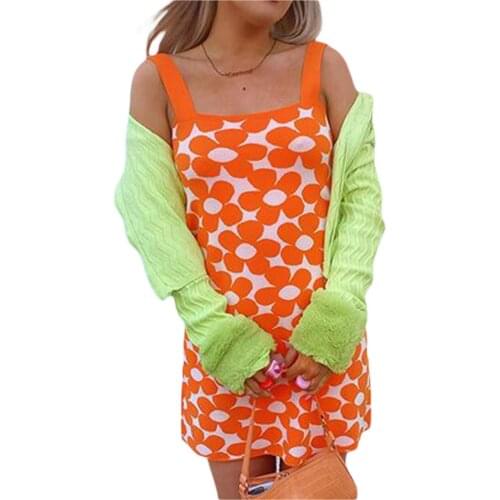 Women Summer Knit Skirt Flower Wide Shoulder Strap Square Neck Sleeveless Slip Dress for Girls Strapless Jumper Skirts