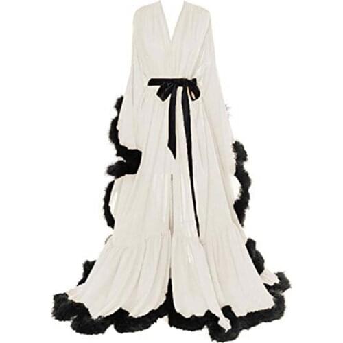 Womens Sexy Mixed Feather Bridal Nightgown Long Wedding Scarf Illusion Bathrobe Lingerie Nightgown