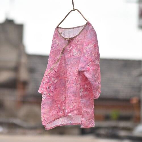 Women Printed Ramie Shirts Tops Ladies Print Ramie Irregular Length Blouse Female 2020 Summer Shirt