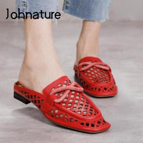 Johnature Summer Shoes Women Slippers Genuine Leather 2021 New Outside Slides Flat With Leisure Hollow Retro Ladies Slippers