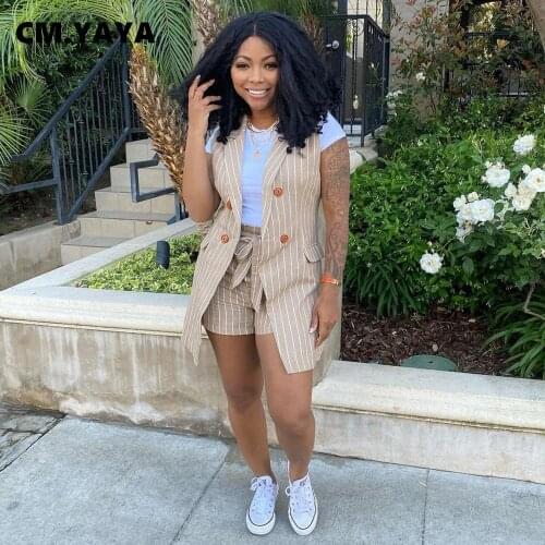 CM.YAYA Women Vests Set Striped Sleeveless Double Breasted Tops Loose Shorts Bandage Sashes Two Piece Set Summer Outfits Fashion