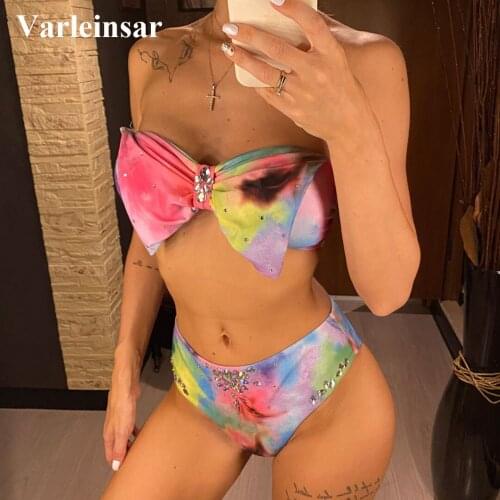 Bow Diamond Bandeau High Waist Bikini Female Swimsuit Women Swimwear Two-pieces Bikini set Bather Bathing Suit Swim Lady V2611