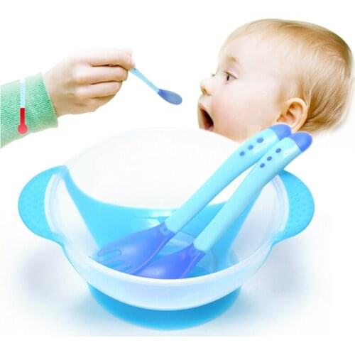 3Pcs/set Bowl Temperature Sensing Spoon Fork Tableware Kids Safety Dinnerware Set Baby Learning Dishes With Suction Cup Assist