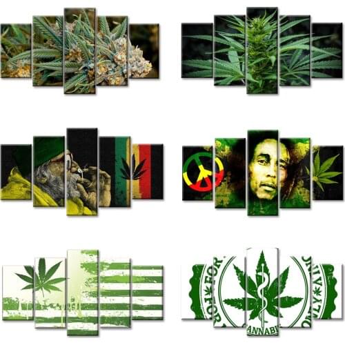 5 Piece Green Leaf Maple Canvas Art HD Print Green Plants Weeds Posters Wall Picture for Living Room Interior Modular Home Deco