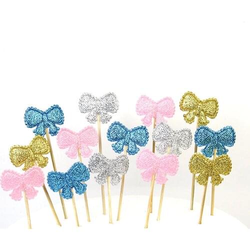 5Pcs/Lot Glitter Bowknot Cupcake Toppers Gold/Silver/Blue/Pink Cake Topper Girls Boys Cake Baby Shower Decoration Supplies
