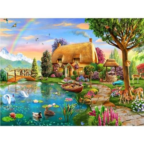5D Diy Round Diamond Painting swan Cross Stitch full Square Diamond Embroidery lakeside landscape mosaic picture N1183