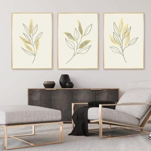 Abstract Golden Plant Line Drawing Print and Poster Botanical Wall Art Picture Canvas Painting Modern Interior Living Room Decor