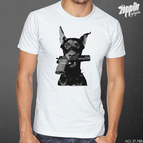 Doberman with Gun Printed White Men Women Unisex Tshirt High Quality Famous Turkish Fabric Textile T-shirt Production
