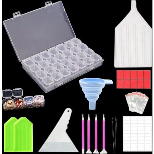 Diamond Painting Tools Sets with 28 Cells Plastic Box Sticker and Tweezers etc Multiple in 1 for Diamond Painting Embroidery