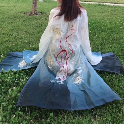 Japanese Kimono Chiffon Cardigan Adult Women Men Fancy Embroidery Gradient Summer Yukata Hanfu Jacket Fairy Fashion Streetwear