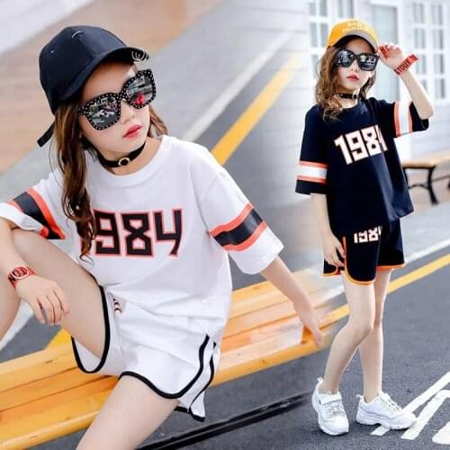 Summer girls' sports suit middle school kids loose casual short sleeve girls' two piece set Sportswear for girls 6 8 9 10 years