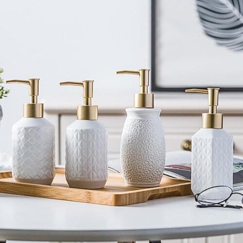 5 Styles Fashion Pure White Ceramic Relief Bath Bathroom Soap Lotion liquid Shampoo Shower Gel Pump Dispenser Perfume Bottle