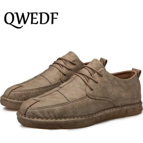 QWEDF 2019 New Men Oxford Genuine Leather Dress Shoes Brogue Lace Up Flats Male Casual Shoes Footwear Loafers Men X13-08